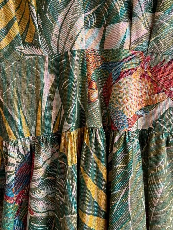 Vintage 1980s Tropical Bird Print Dress With Metallic Threads (L) - Picture 9 of 14